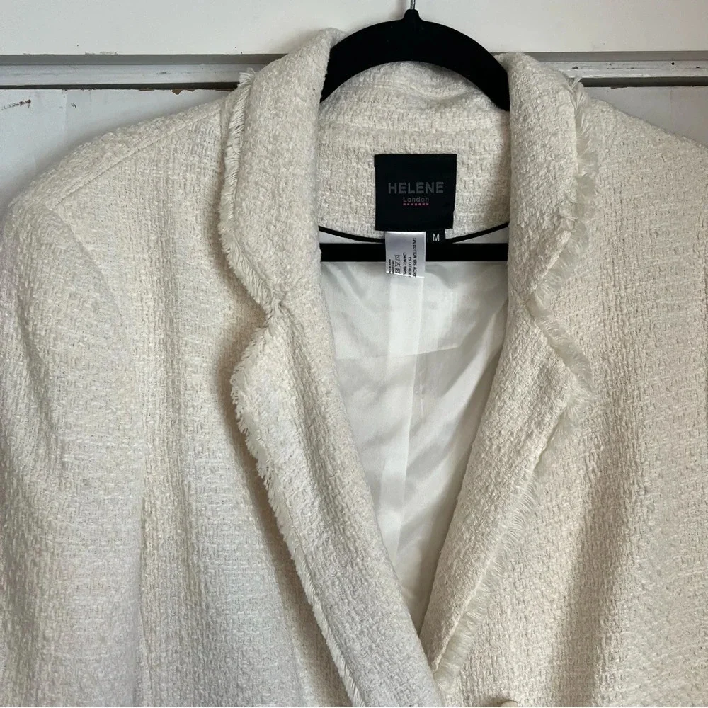 NWT Helene London Tweed Blazer Jacket Double Breasted Fringe Cream Pearl Medium - Picture 3 of 16